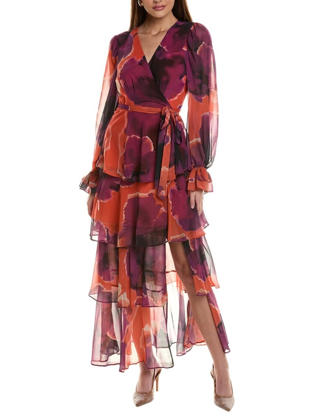 Hutch Bardot Tiered Floral Wrap Gown Sheer Lined Small